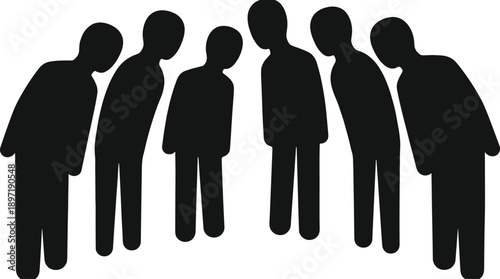 Group of People Bowing Silhouette Illustration Representing Respect, Apology, Greeting, Teamwork, Social Etiquette, Cultural Gesture, Unity, Black and White Isolated Design