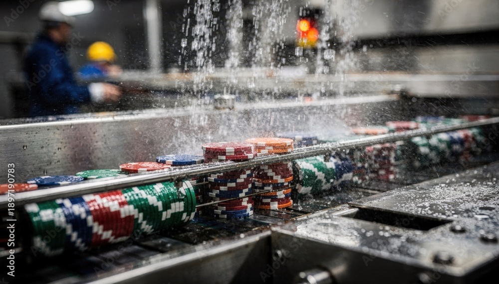 Fototapeta premium Closeup of automated tunnel machine transporting poker chips through washing jets main section sharp with blurred background operators.