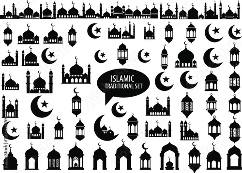 Massive collection of Islamic icons featuring mosques, crescent moons, stars, and lanterns in silhouette and line art styles.