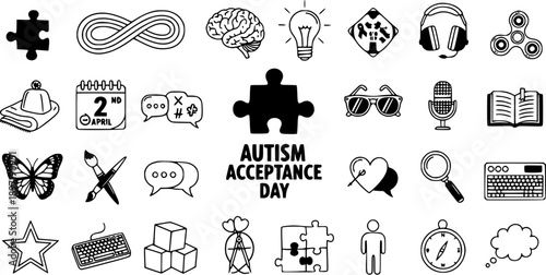 Autism Acceptance Day Icon Set: Black  White Line Art and Glyph Collection for Neurodiversity Awareness, featuring Puzzle Pieces, Brain, Communication, and Sensory Symbols.