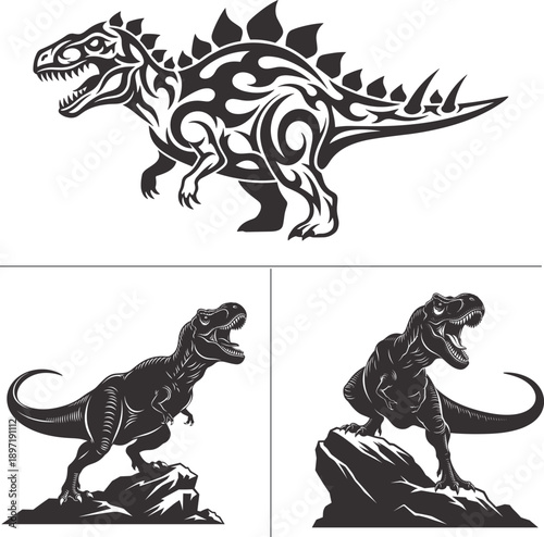 dinosaur vector set with tribal stegosaurus and realistic t rex for kids t shirt graphics