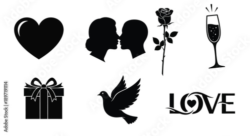 Black silhouettes of romantic symbols including heart couple kissing rose champagne gift dove and love text on white background for valentine's day or wedding designs