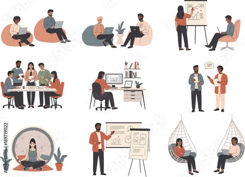 Business meeting and work illustrations: diverse professionals collaborating, presenting, and working remotely