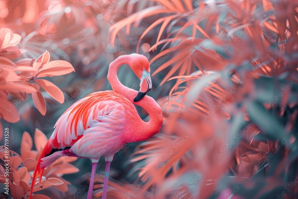 Fototapeta premium Flamingo with pink and orange feathers hiding in the tropical vegetation