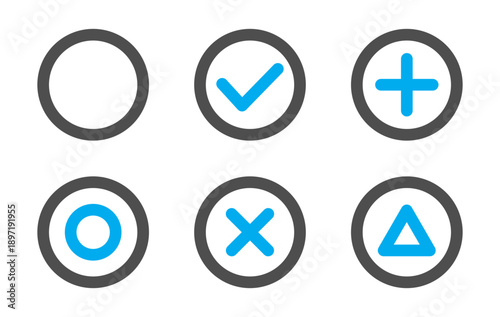 チェックボックス アイコン セット、シンプル、チェック、丸、バツ、三角、プラス