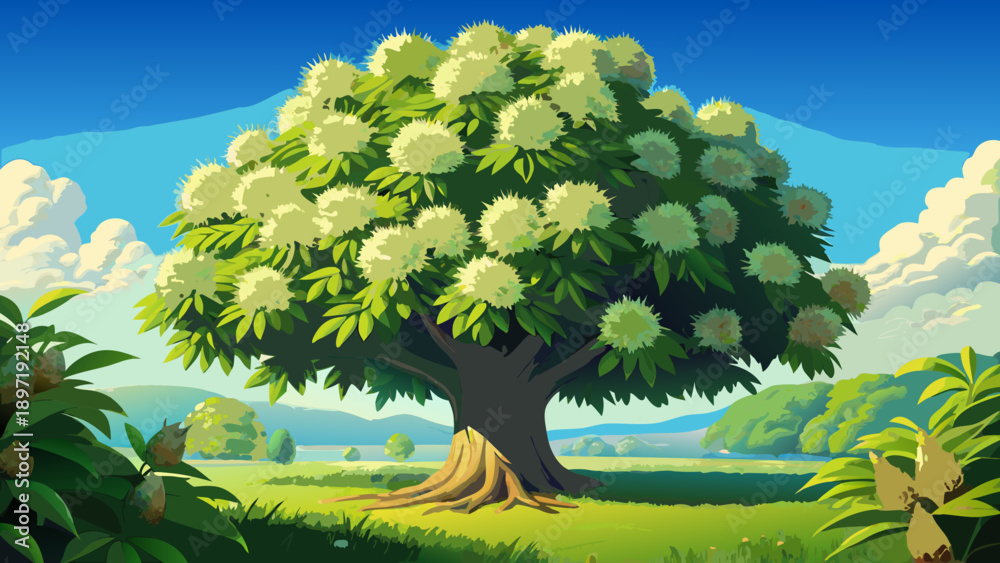 Obraz premium Very beautiful sweet chestnut tree in full bloom, captured with intricate botanical detail, highlighting fresh green tones, delicate textures, and the elegance of seasonal plant growth.