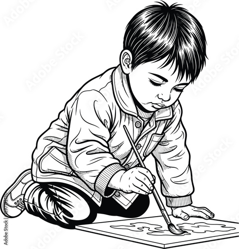 A young boy with dark, styled hair, kneeling on the floor and deeply focused on painting on a canvas with a brush, showcasing artistic engagement and childhood development.