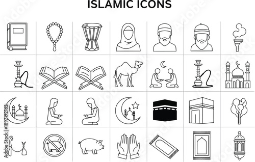 Comprehensive set of Islamic outline icons including the Quran, prayer beads, camel, mosque, Kaaba, and traditional clothing, representing Muslim culture and faith.