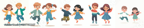 vector of a 2 children jumping happily while holding hands