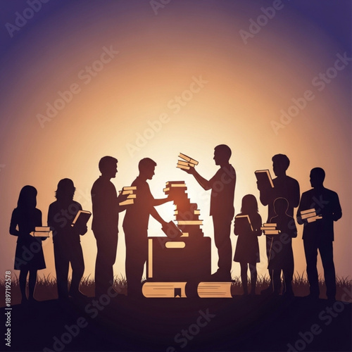 Group of people exchanging documents in a field at sunset from a frontal viewpoint