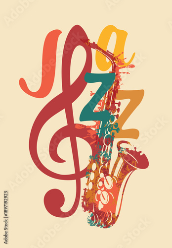 Photography Vector colored logo, or banner for a jazz music with a saxophone, treble clef and decorative lettering