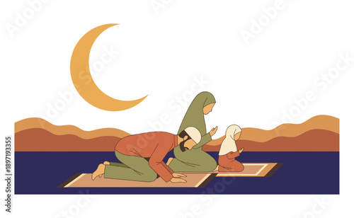 Woman Praying on Prayer Mat at Night.