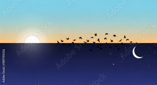 Flock of Birds Flying over Ocean at Sunset and Moonrise, Silhouette against Sky