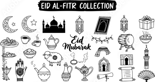 Eid al-Fitr Collection: Black  White Line Art Icons of Islamic Holiday Symbols, Mosques, Dates, Gifts, Lamps, and Drums