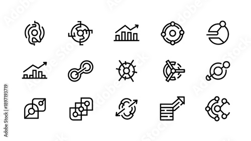 A collection of fifteen distinct black line art icons representing various concepts related to data analysis business growth connectivity and complex systems management suitable for web interface desi