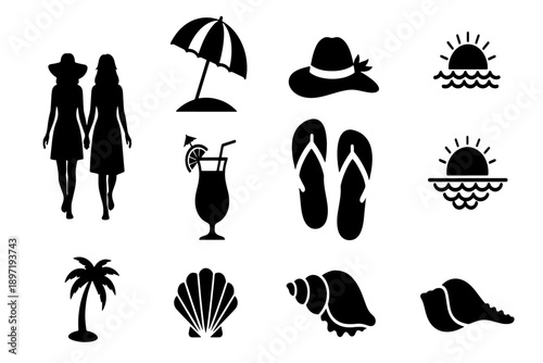 Black Summer Holiday Vector Icons Set and Beach Elements Collection
