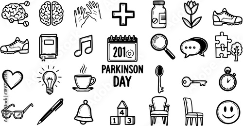 Black and White Line Art Icons Set for Parkinson's Disease Awareness, Medical Research, and Health Support Doodles