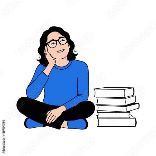 Woman Sitting with Books and Thinking Deeply.