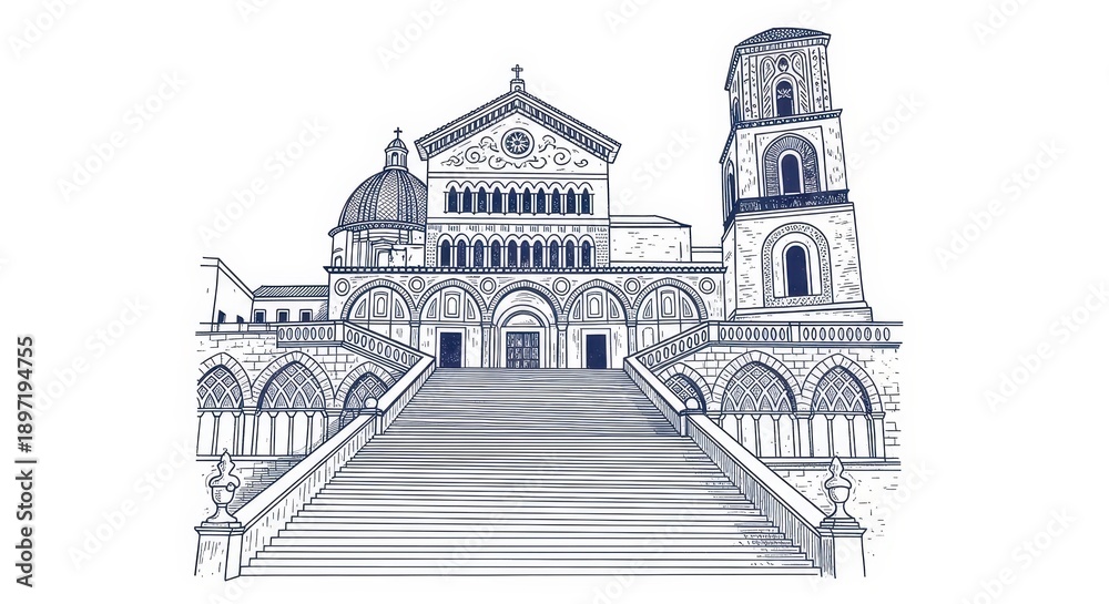 Obraz premium Grand baroque basilica facade with dome, bell tower, wide stone stairs and arches in blue ink illustration.