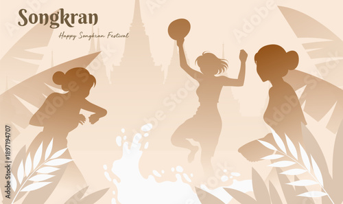 Songkran Festival Silhouette Banner Happy People Thailand Traditional Architecture Plants