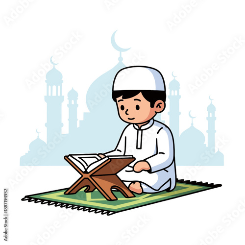 Young Muslim Boy Reading Quran on Prayer Mat.