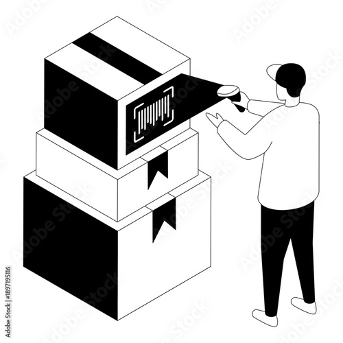 Conceptual glyph isometric design illustration of parcel scan