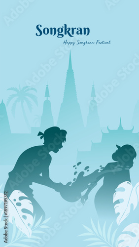Songkran Festival Thailand Silhouette Poster Joyful People Scene Traditional Architecture Plants