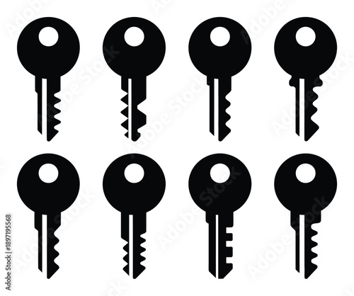 Collection of eight black key icons on a white background