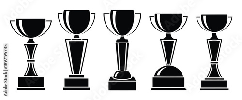 Collection of Five Black Silhouetted Trophies on a White Background