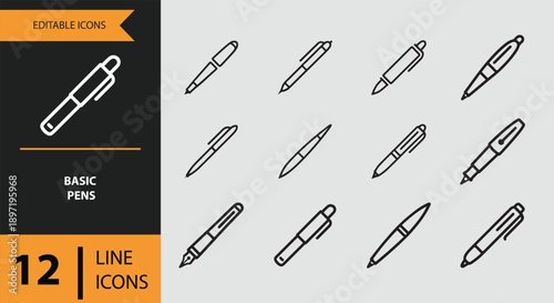 A collection of 12 editable line icons featuring various basic pens for design projects
