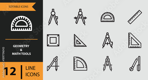 A collection of 12 editable line icons for geometry and math tools, perfect for educational design
