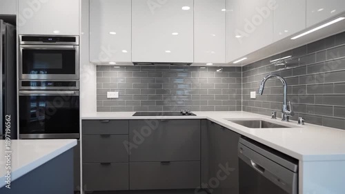 Modern Kitchen Design With Sleek Stainless Steel Appliances And Gray Subway Tile Backsplash