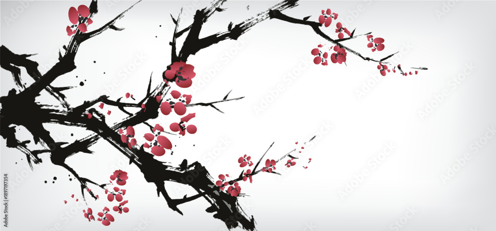 Fototapeta premium Chinese ink painting of cherry flower