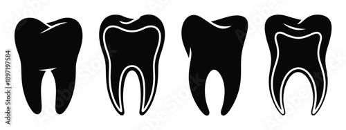 Four Black Silhouettes of Teeth on a White Background