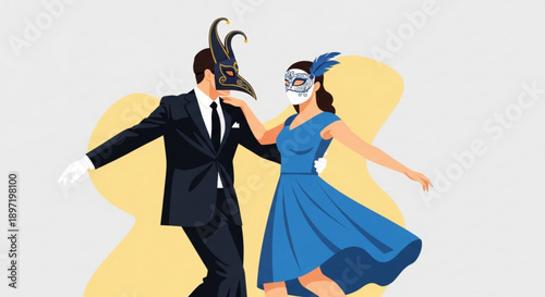 Couple Wearing Masks Dancing Together in Formal Attire