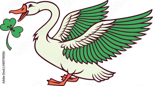 Lucky Goose St Patrick's Day. St Patrick’s Day Goose Friends Wearing Green Outfits and Shamrock Accessories. Whimsical Watercolor Cute Goose with Green Eyes Wearing a St. Patrick's Day 