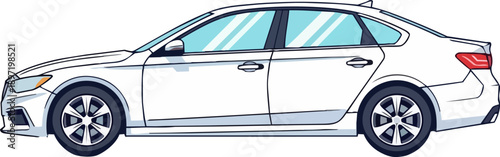 A sleek white sedan car is depicted in a side profile, showcasing its modern design and aerodynamic features, perfect for automotive illustrations