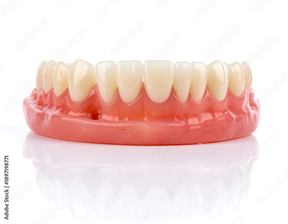 Obraz premium Close-up of a complete set of artificial dentures on white background