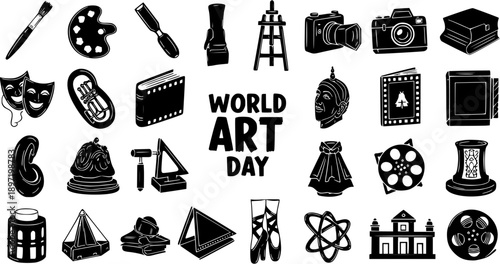 World Art Day celebration icons: painting tools, cameras, theater masks, sculptures, books, film, architecture, ballet shoes