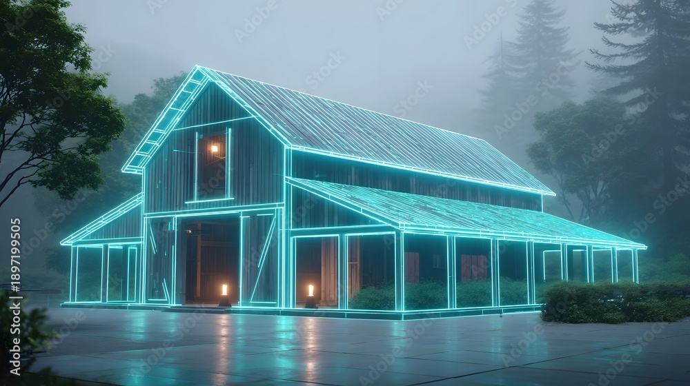 Obraz premium A digital concept of a wooden barn is highlighted with a vibrant blue neon outline set against a backdrop of foggy trees and wet reflective ground