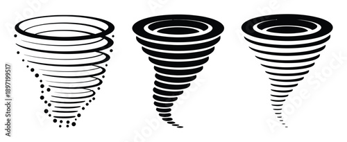 Three Stylized Black and White Tornado Icons on a White Background