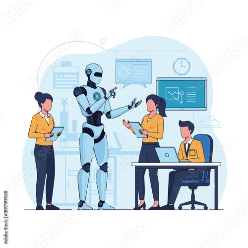 Robot interacting with office workers in a modern workplace setting from a slight overhead viewpoint