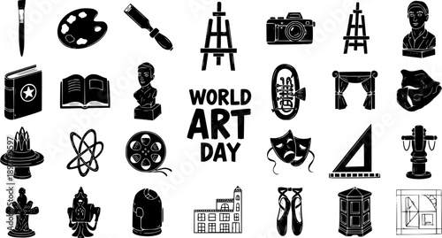 World Art Day Icons: Black  White Collection of Art Supplies, Instruments, and Symbols
