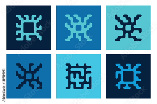 A set of background images with microchip icons. A set of vector illustrations of computer chips, microchips, and computer components.