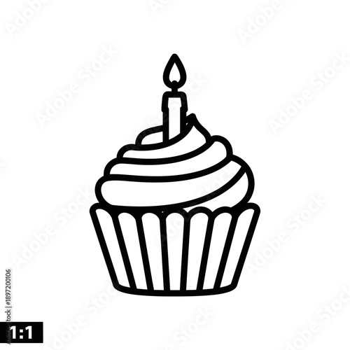 Birthday cupcake with lit candle, simple line art icon