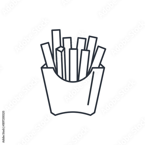 Minimalist French Fries Icon in Cardboard Container, Outline Style