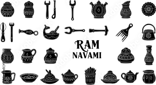 Ram Navami Hindu Festival traditional Indian crafts and festive items glyph icons set. Black  white silhouette collection of cultural pottery, tools, and puja symbols.