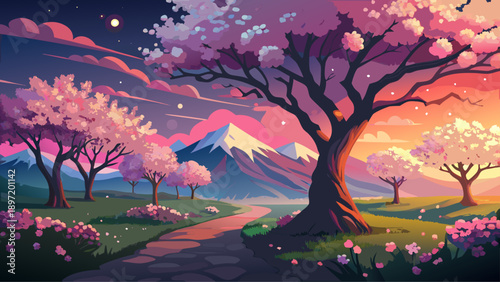 Very beautiful cherry blossom trees glowing at dusk with soft pink flowers, distant mountains in the background, and a peaceful twilight sky enhancing romantic spring atmosphere.