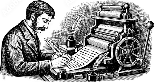 Victorian-era man writing with a quill on paper fed through an antique printing machine sketch engraving generative ai vector illustration. Scratch board imitation. Black and white image. 