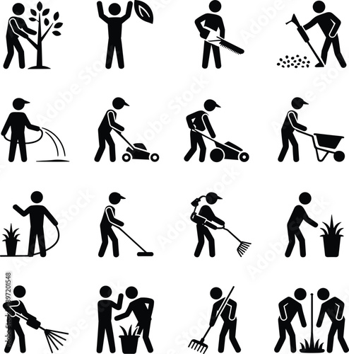 Gardening people silhouette icons set, planting watering digging lawn mowing activities, garden work symbols pack, cad drawing flat vector illustration